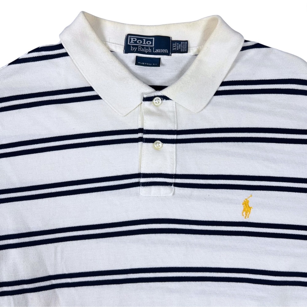 Vintage Polo Ralph Lauren Polo Shirt Men's 2XL XXL White Navy Striped Custom Fit